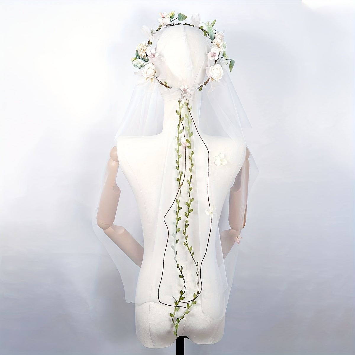Bridal Wedding Hair Accessory Flower Headband with Double-Layer Veil Wreath Headpiece