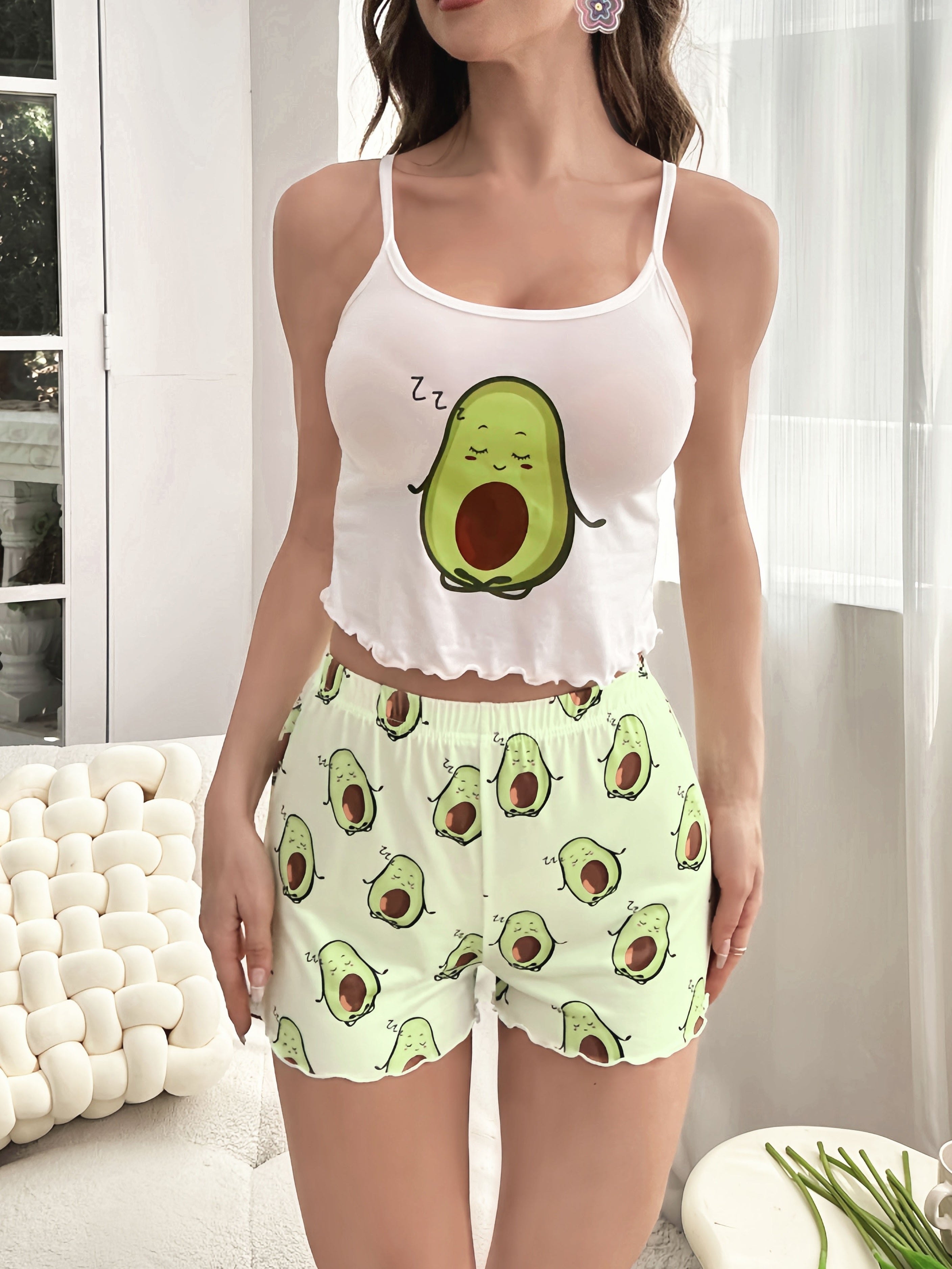 Women's Avocado Print Pajama Set with Cami Top and Lettuce Trim Shorts