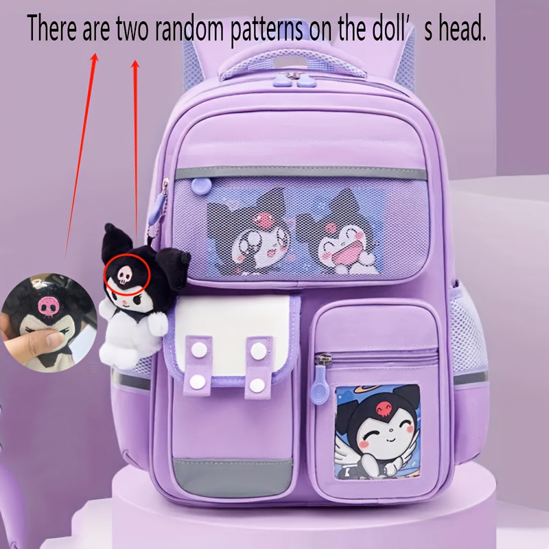 Sanrio Kuromi ruksak, sozlanadigan kamarlar, zip yopilishi va katta sig'imi bilan.