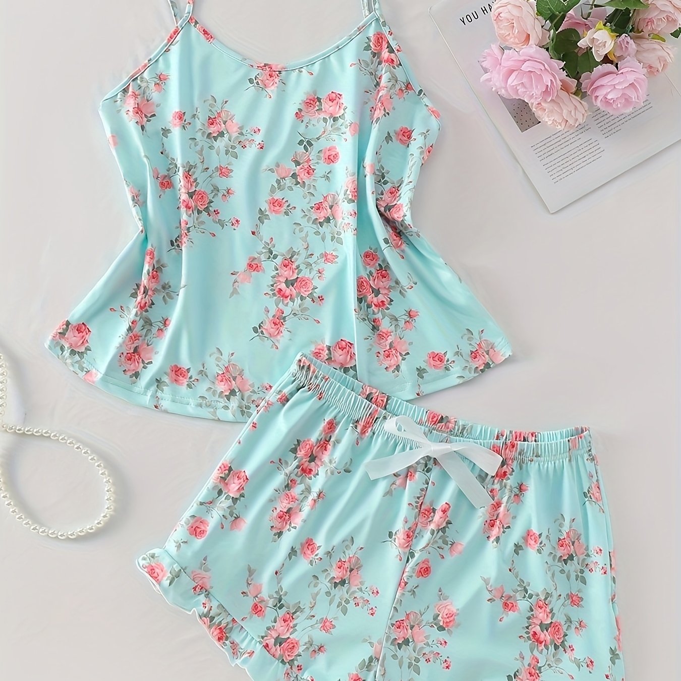 Women's Floral Pajama Set Soft Polyester Knit Tie Front Top Shorts Sleepwear