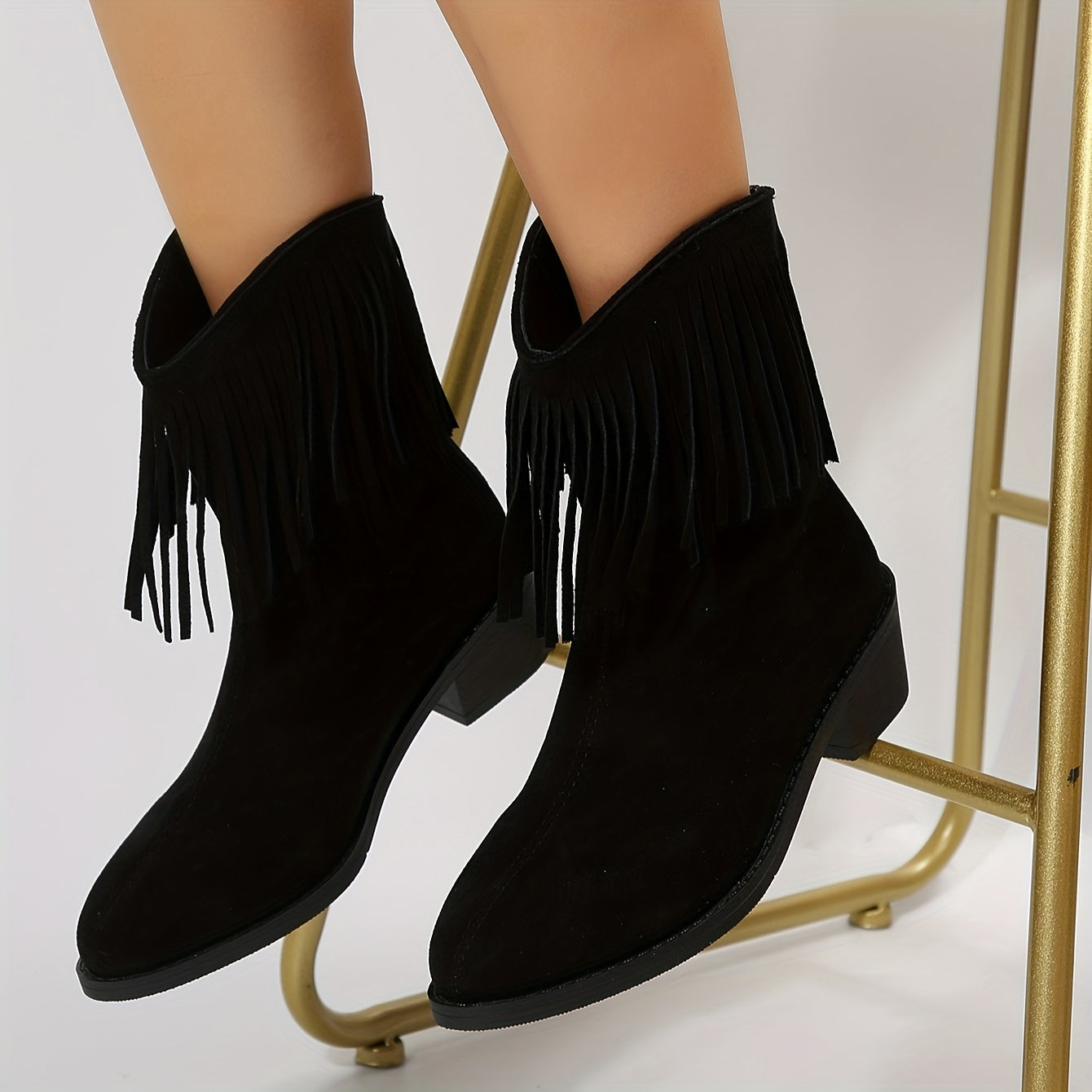 Women's Faux Leather Western Cowboy Boots with Chunky Heel Fringe