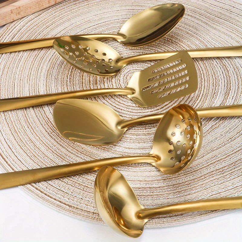 Juego de utensilios de cocina de acero inoxidable chapado en oro de 6 piezas con cuchara sopera, colador y pala para freír