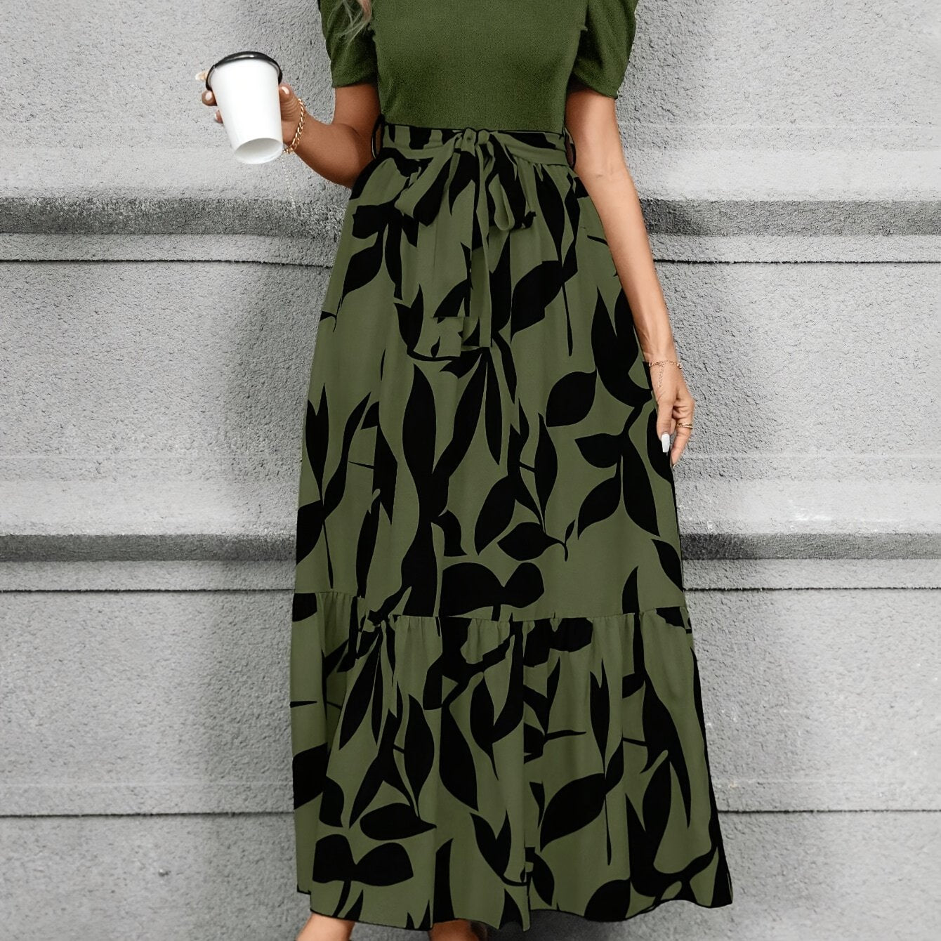 Women's Print Midi Dress with Belt Crew Neck Short Sleeves All-Season Polyester