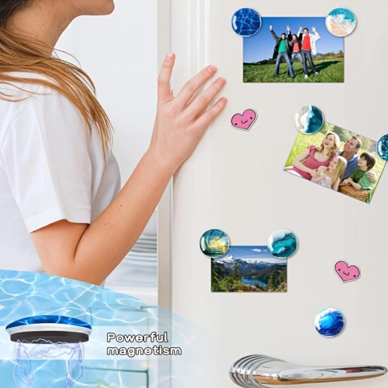 Glass Bee and Ocean Refrigerator Magnets Set of 12 Circular Stickers for Kitchen and Office Decor