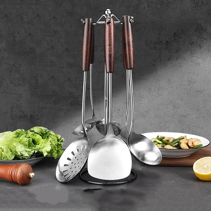 304 zanglamaydigan po'latdan yasalgan oshxona asboblari to'plami, spatula, qozon va xizmat qilish qoshiq bilan