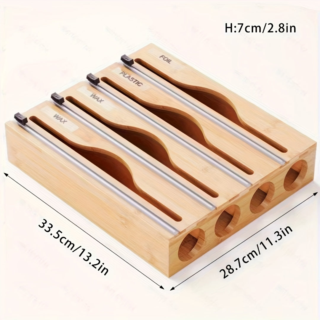 Bamboo Kitchen Wrap Organizer Food-Safe Storage Box with Manual Cutter