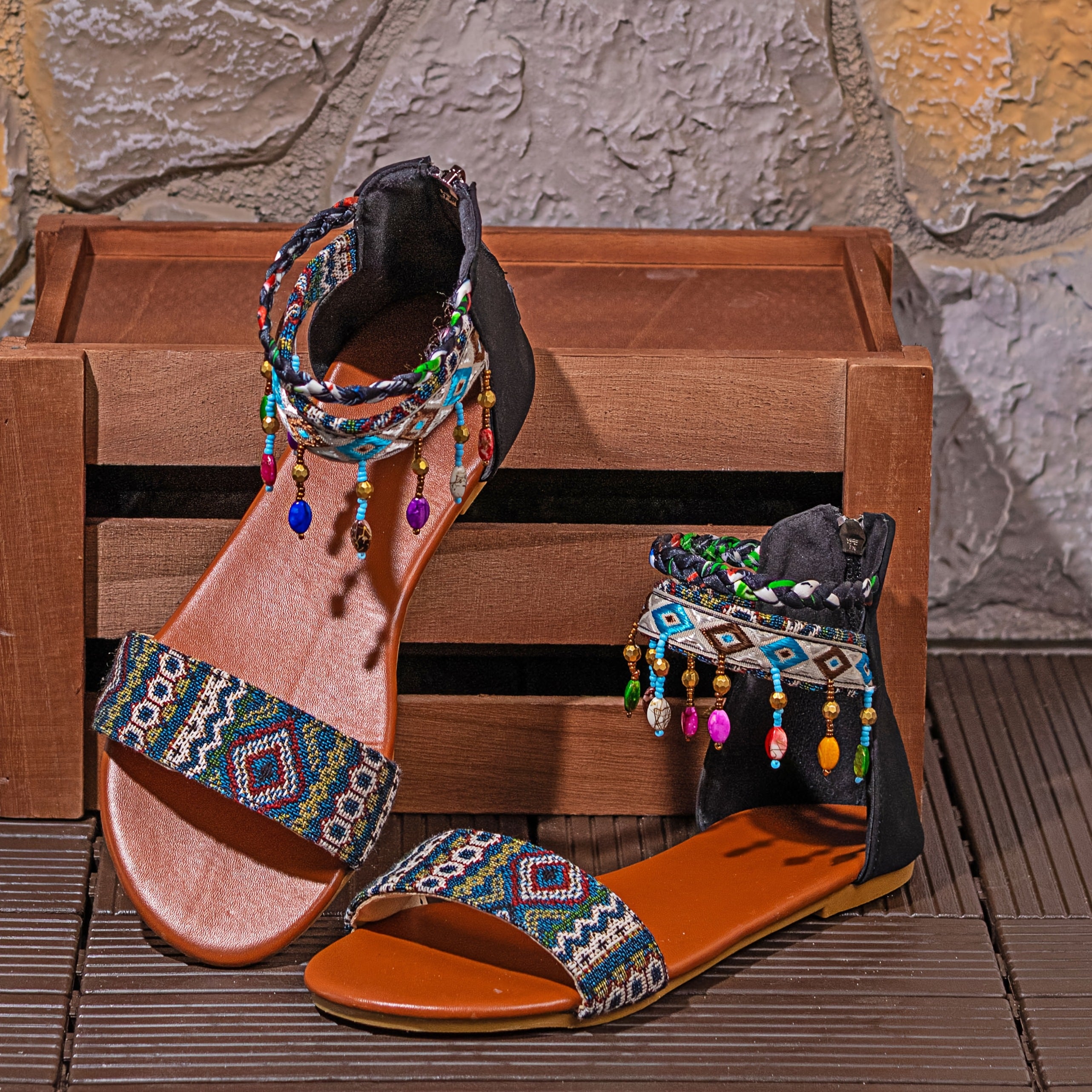 Women's Bohemian Beaded Flat Sandals with Ankle Straps Open Toe