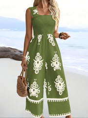 Women's Plus Size Green Floral Print Sleeveless Jumpsuit For Vacation