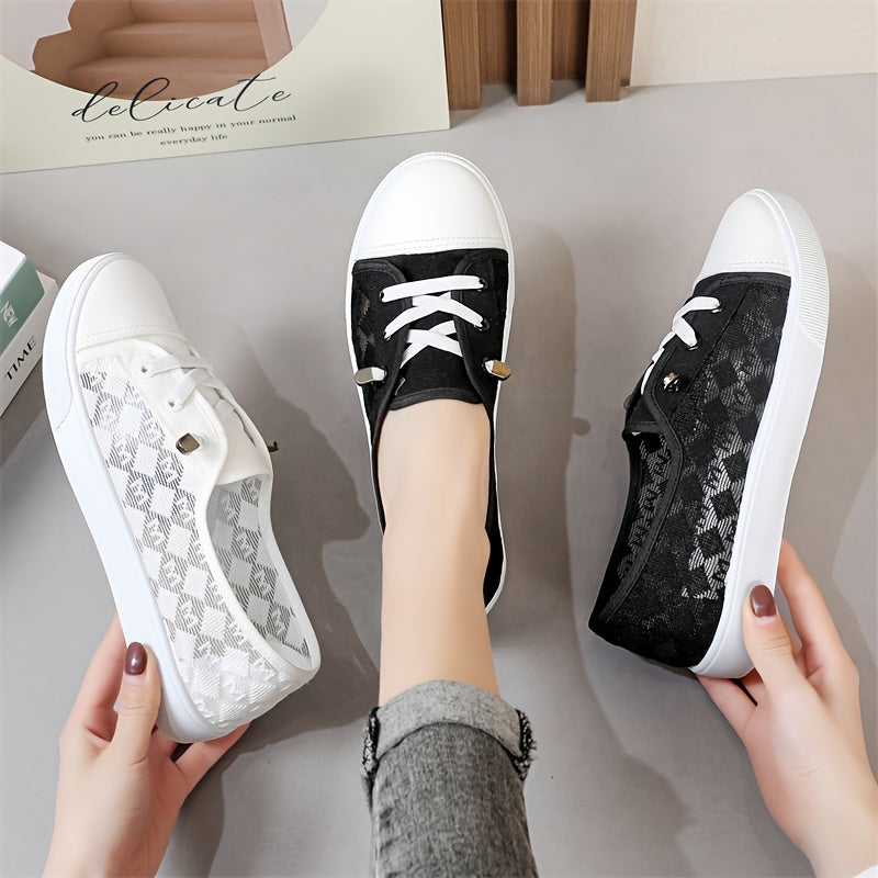 Women's Casual Sneakers Low-Top Lace-Up Slip-On Breathable Fabric White Black