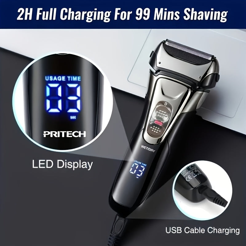Afeitadora eléctrica con pantalla LED, recargable por USB, con cuchillas de acero inoxidable de 3 cabezales, portátil para hogar, viaje, oficina y coche