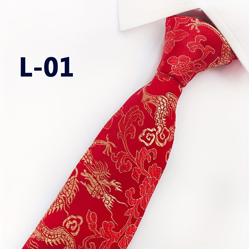Men's Silk Tie with Hand-Embroidered Chinese Dragon and Peony Design
