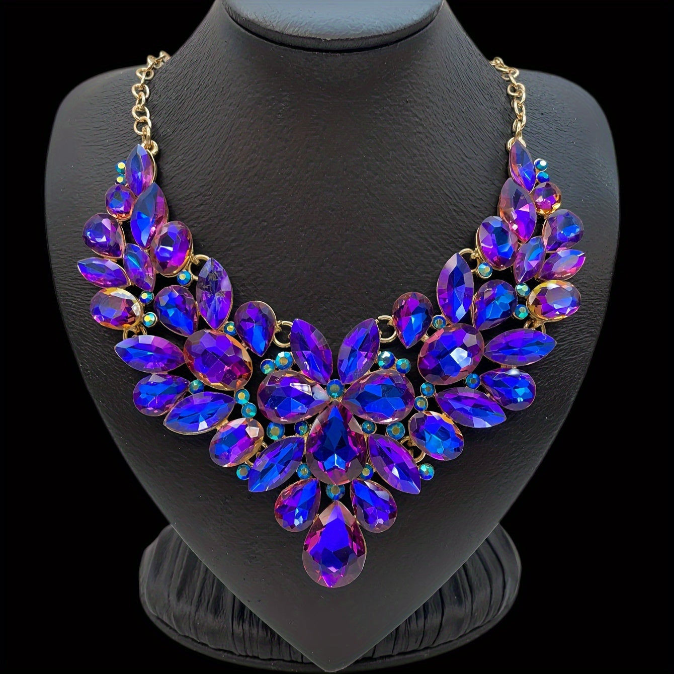 Faux Crystal Bib Necklace with Colorful Iced Out Design for Parties and Events
