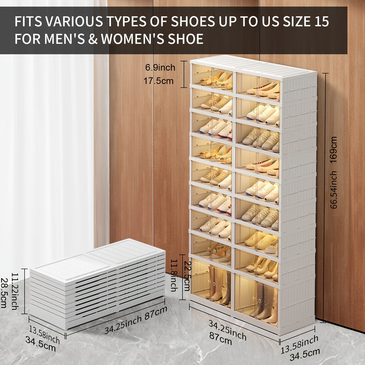 Foldable Shoe Rack with 6/9 Tiers and Clear Stackable Shoe Box for Closet Organization