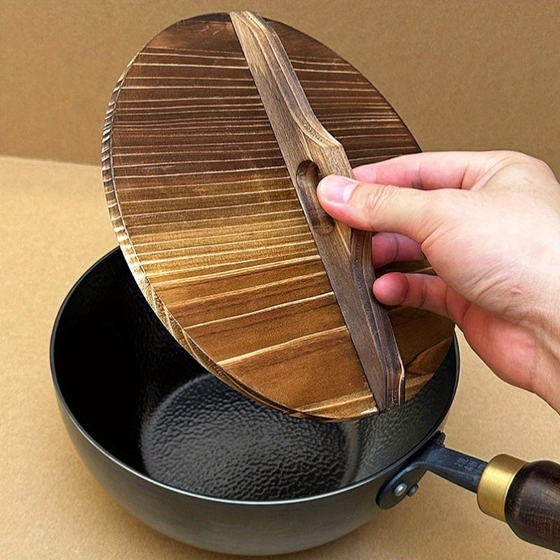 Qotishma temir wok, yopishqoqsiz, tekis tagli, induksiya mos, Xitoy qovurilgan panjara, yog'och tutqich bilan