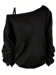 Women's Plus Size One-Shoulder Top Elegant Solid Knit Polyester Medium Stretch All-Season