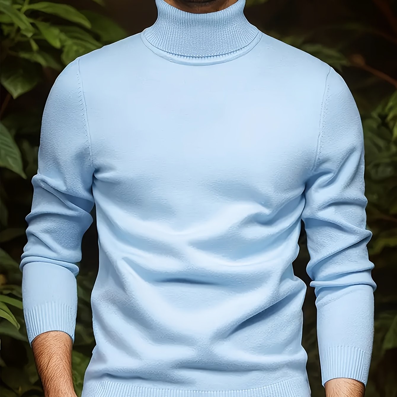 Suéter de cuello alto azul claro para hombre con puños acanalados, mangas largas, mezcla de viscosa, otoño e invierno