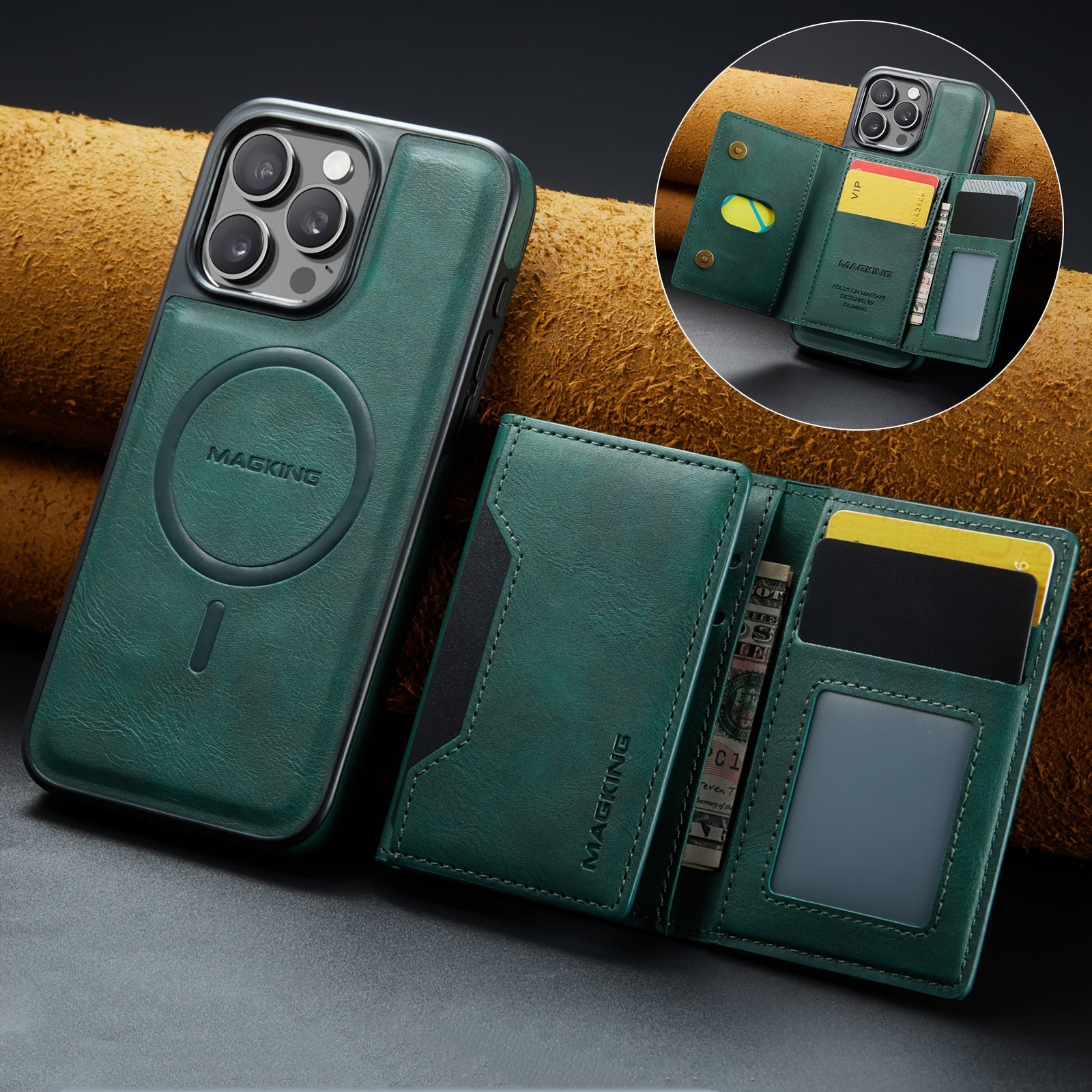 Faux Leather Magnetic Wallet Case for iPhone Pro Max with Card Holder RFID Protection Wireless Charging Stand