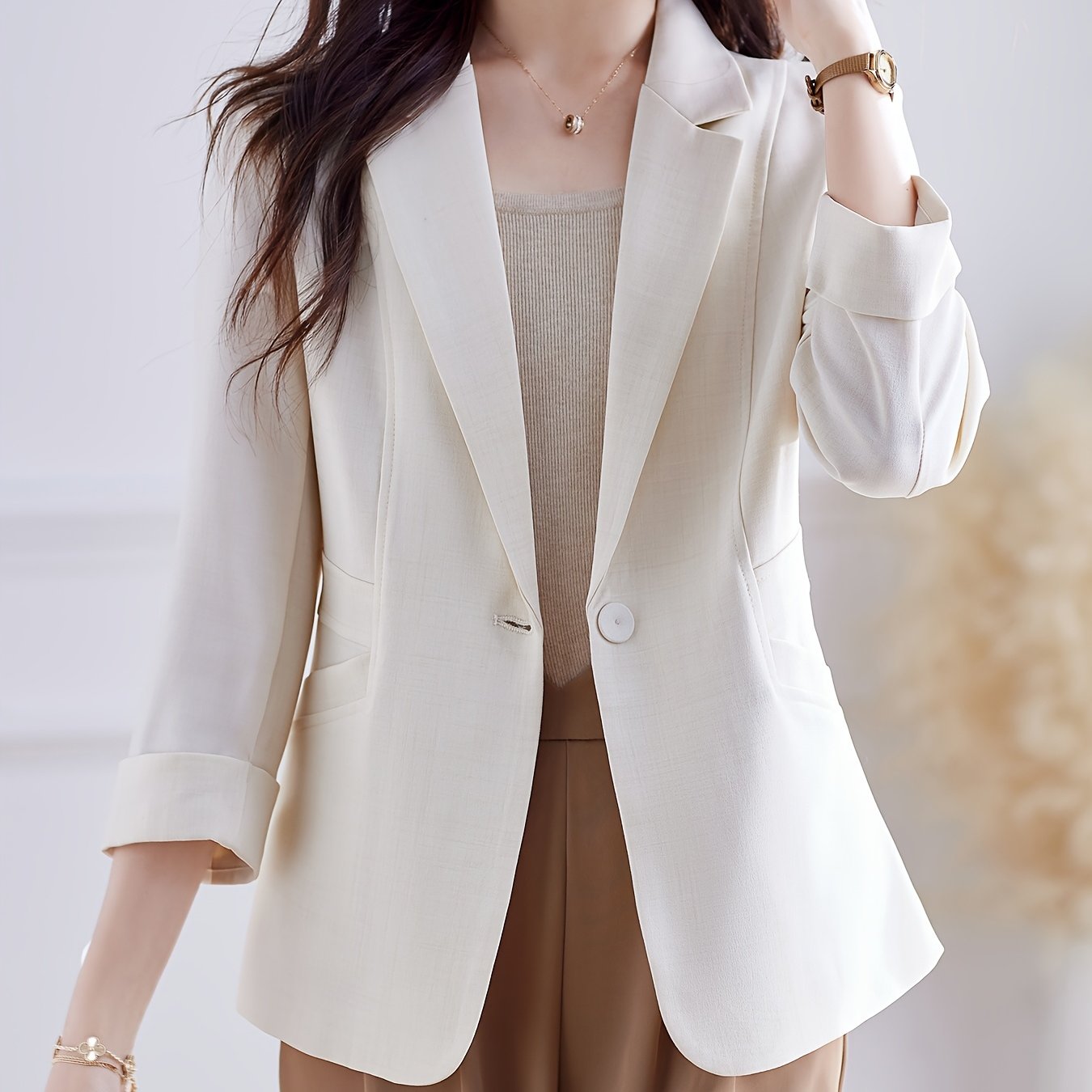 Plus Size Women’s Beige H-Silhouette Blazer Long Sleeve Casual to Semi-Formal