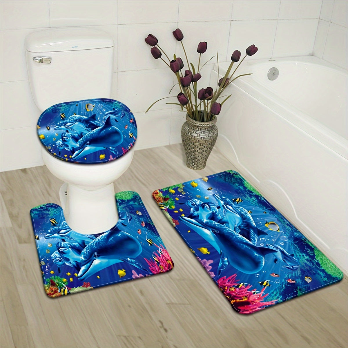 Blue Bathroom Set with Non-slip Floor Mat Toilet Cover and Anti-fatigue Rug
