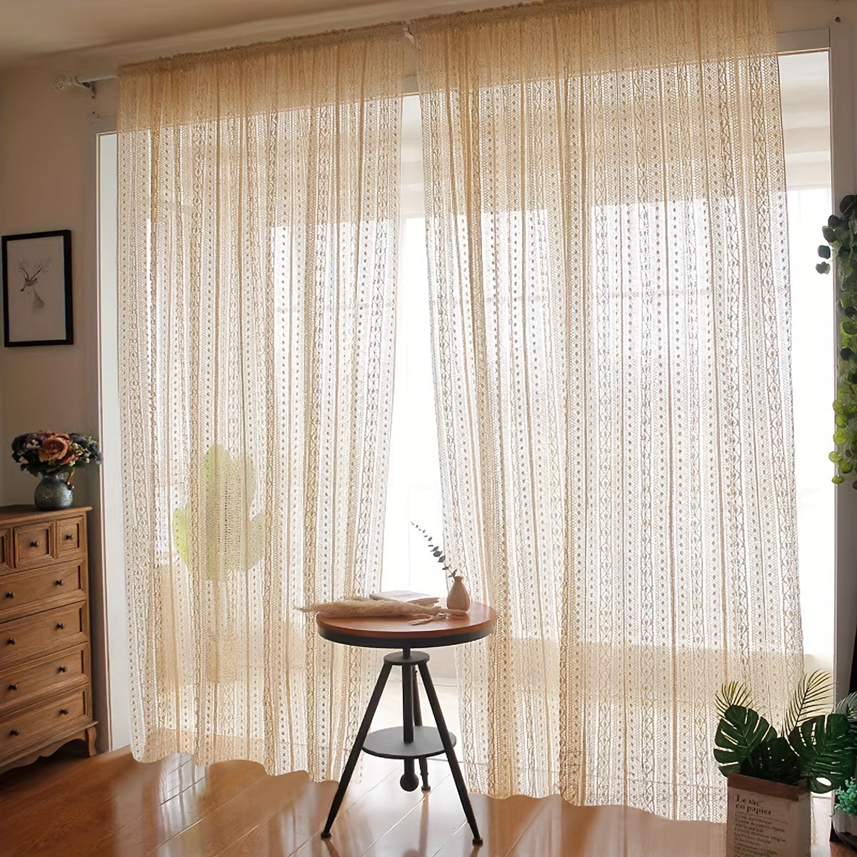 Hollow Striped Yarn Curtain Japanese Style Rod-Mounted Window Screen for Living Room Bedroom