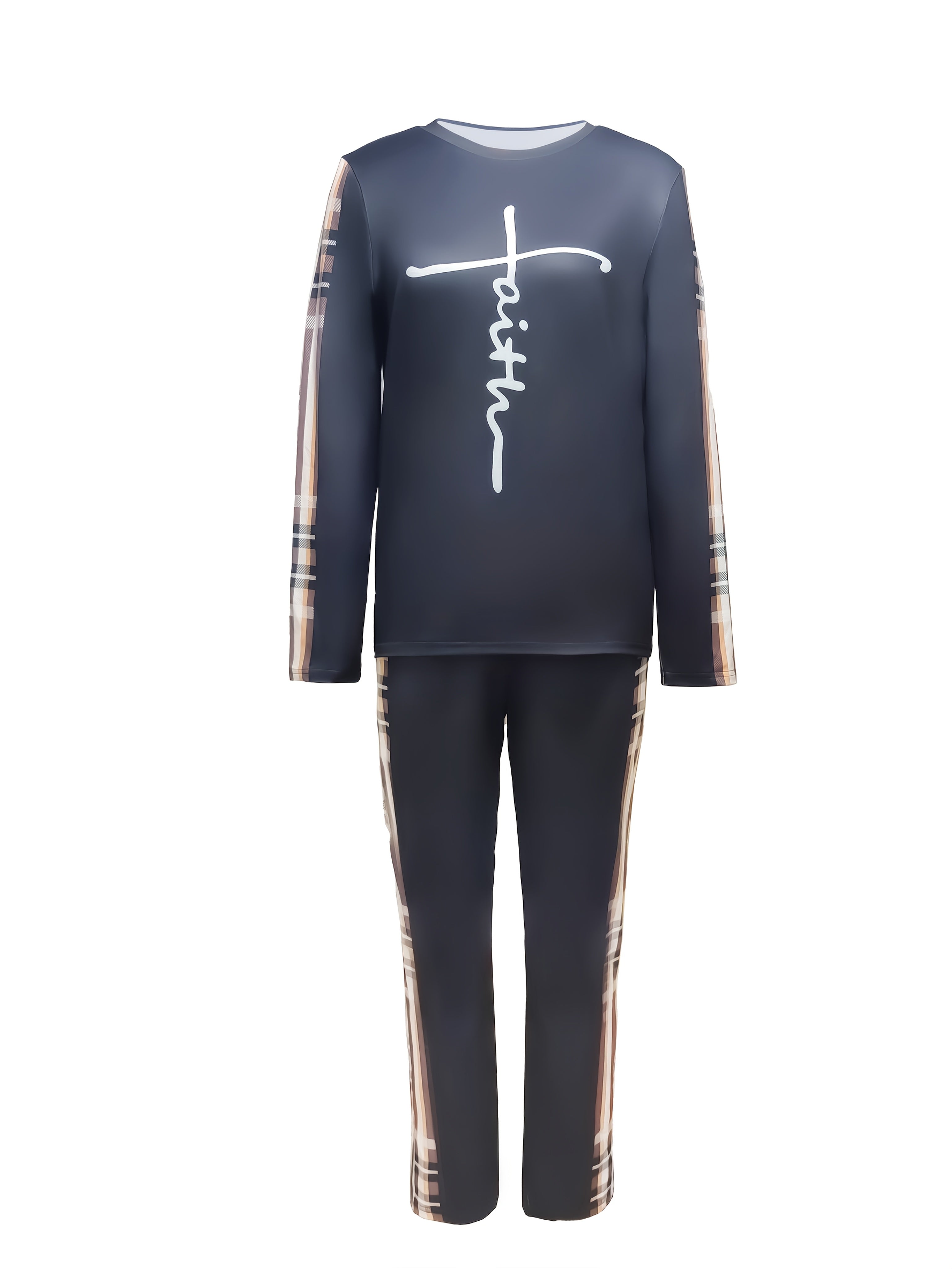 Women's Plaid Print Spandex Knit Jumpsuit with Crew Neck Pockets for Fall Winter