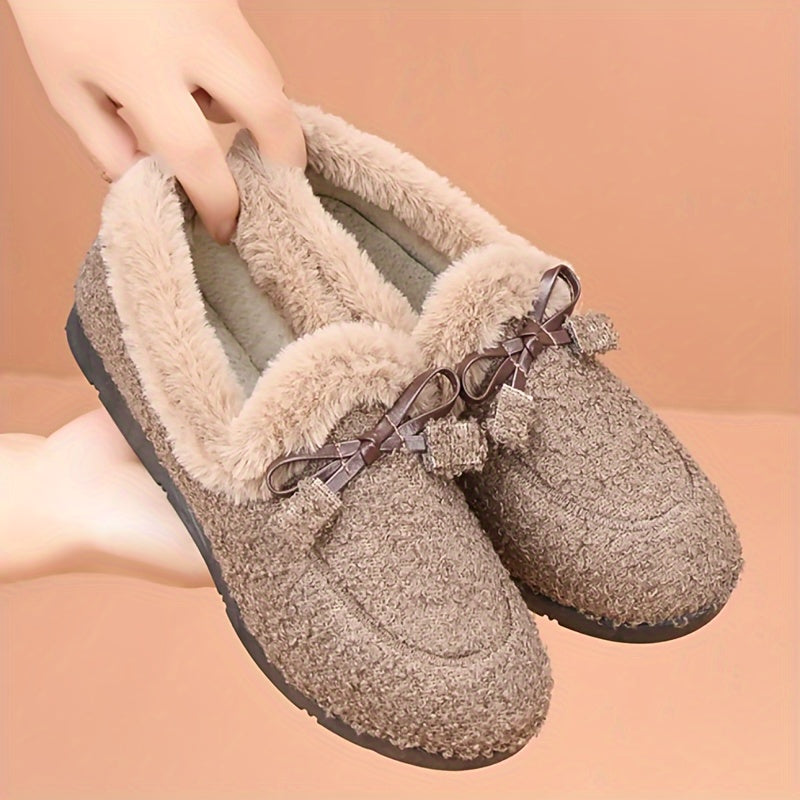 Women's Cozy Loafers Solid Color Microfiber Bow Non-Slip Rubber Sole All-Season