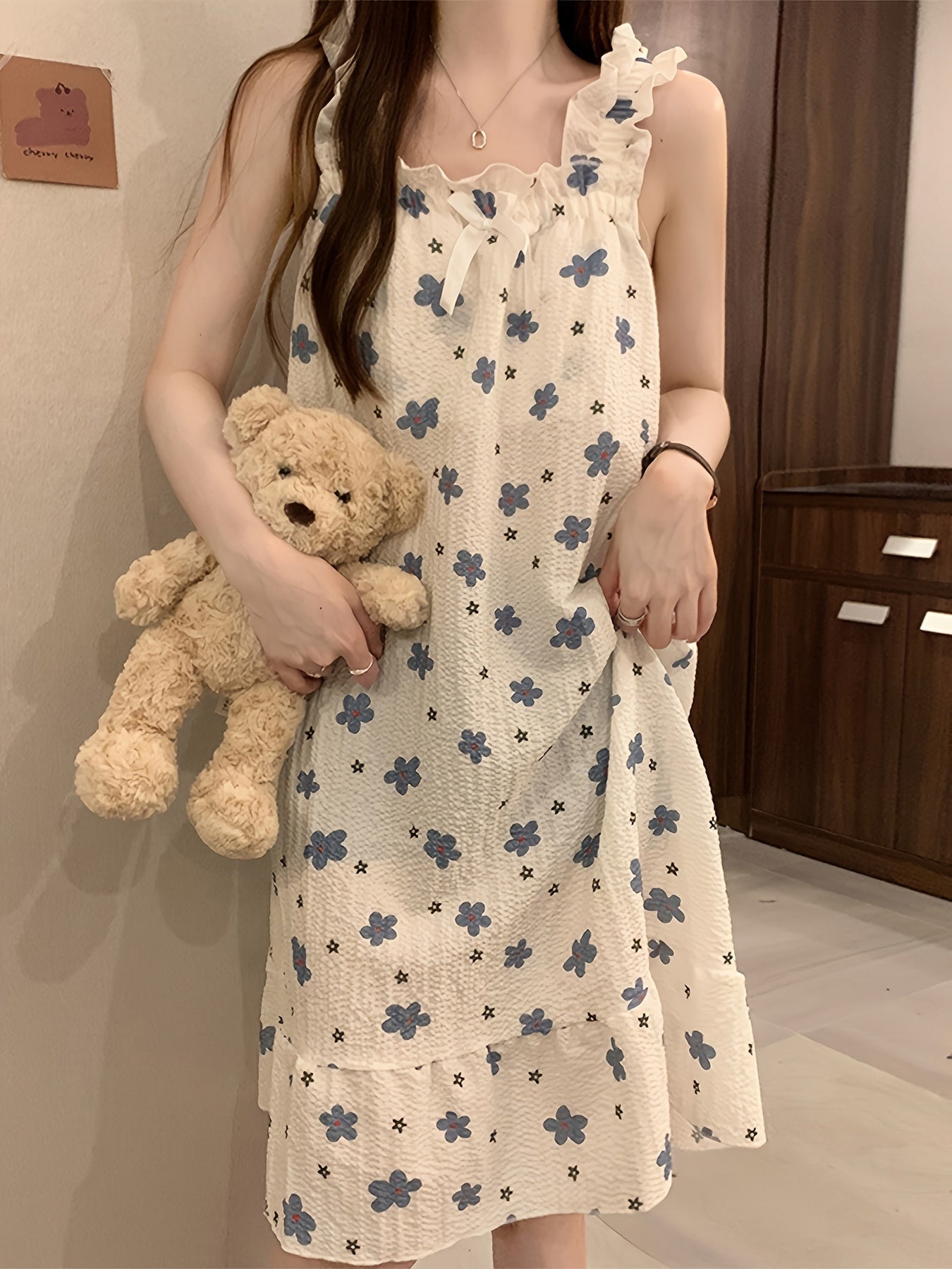 Women's Floral Textured Nightgown with Off-Shoulder Bow and Ruffle Trim Summer Sleepwear