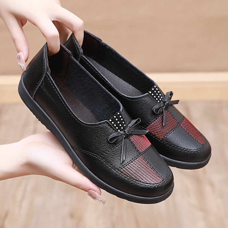 Women'S Slip-On Loafers Black Red Accents Round Toe Flats Allseason