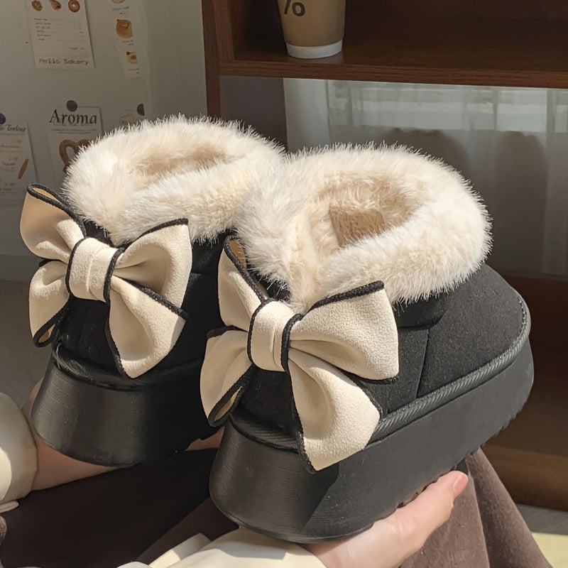 Women's Fleece-Lined Platform Slippers with Bow Indoor Shoes, EVA Sole