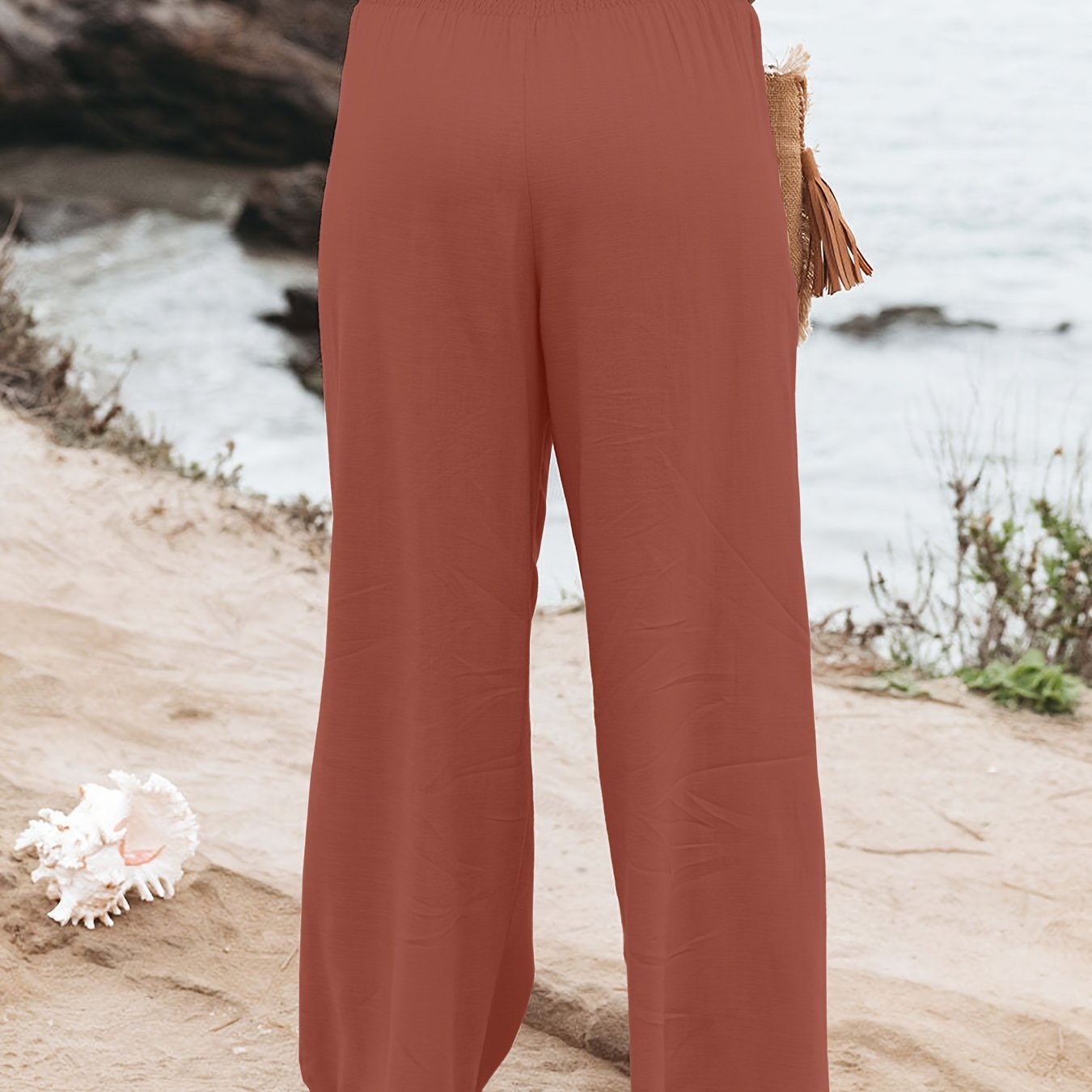 Plus Size Women's Wide-Leg Pants with Waistband Buttons Polyester Blend All-Season