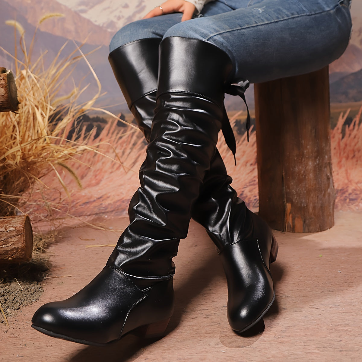 Women's Solid Color Knee-High Boots Casual Back Tie Round Toe Low Block Heel