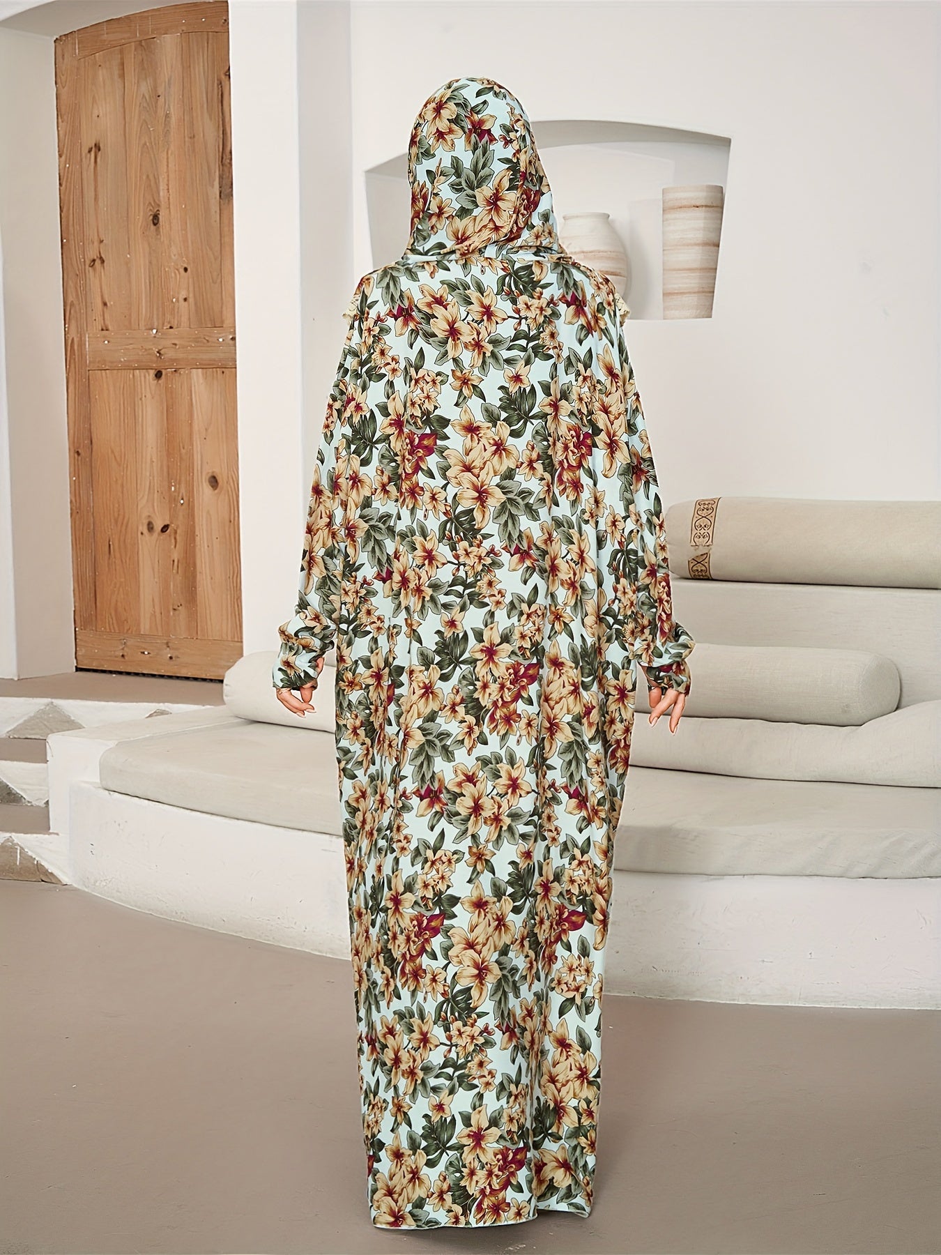 Plus Size Floral Dress Long Sleeve Prayer Dress with Hijab