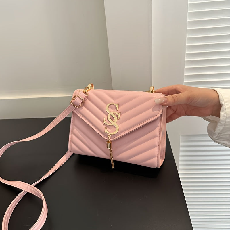 PU Chain Decorated V-Shaped Tassel Square Shoulder Bag