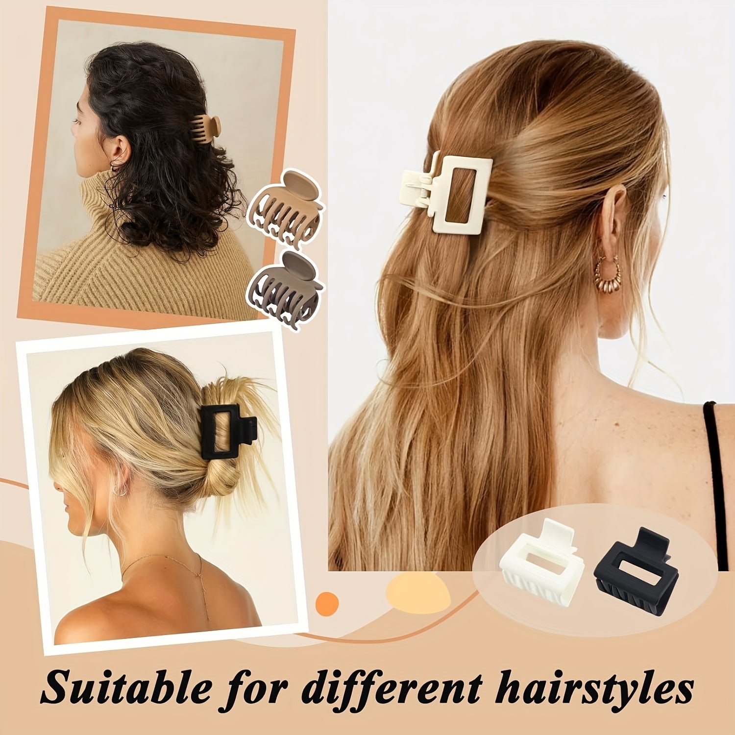 Ayollar va qizlar uchun matli soch kliplari 4.06cm, sirpanmaydigan, bej, khaki jigarrang, qora