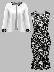 Plus Size White Coat and Black Paisley Print Sleeveless Dress Set Polyester Stretch Elegant