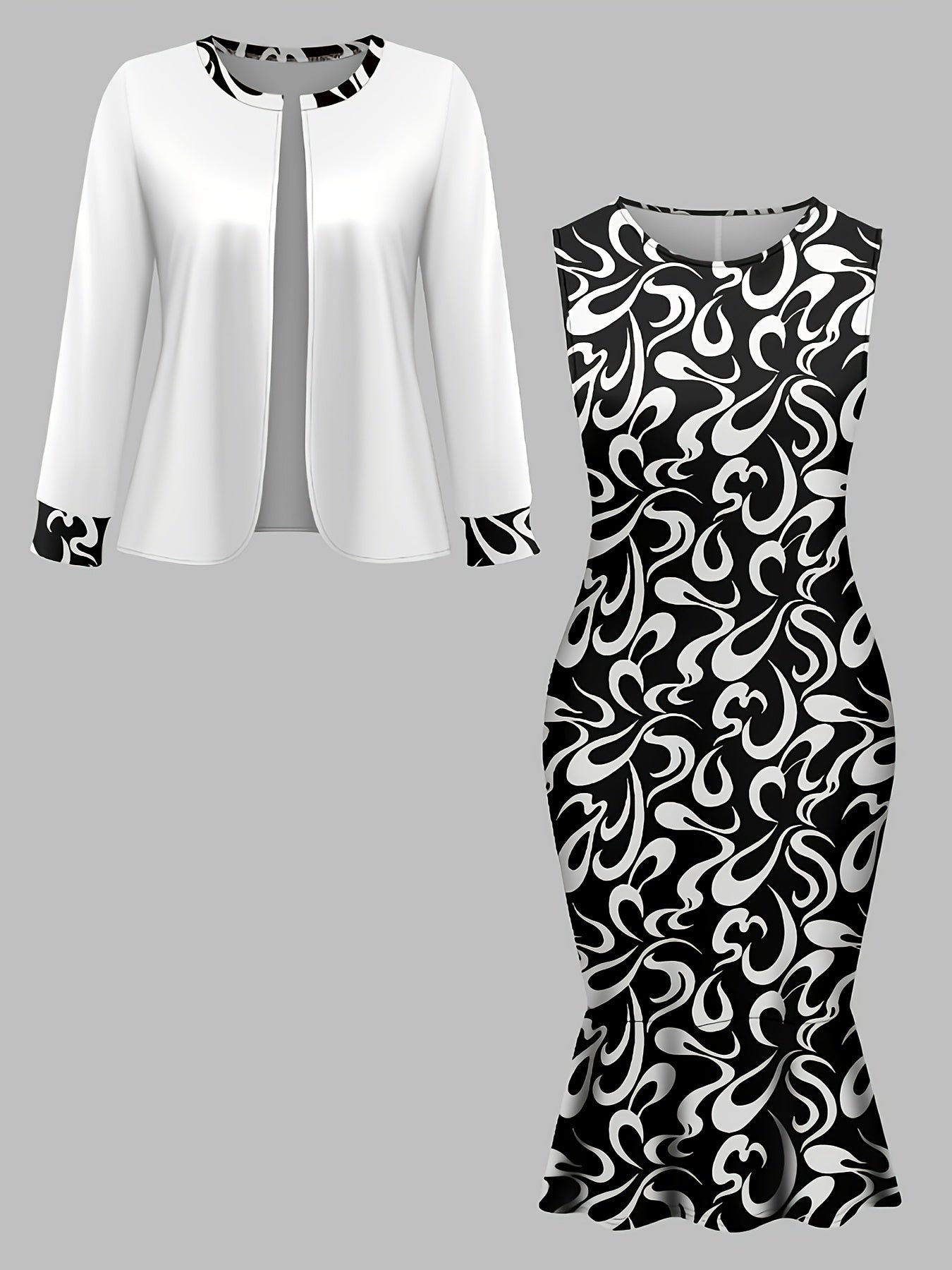 Plus Size White Coat and Black Paisley Print Sleeveless Dress Set Polyester Stretch Elegant