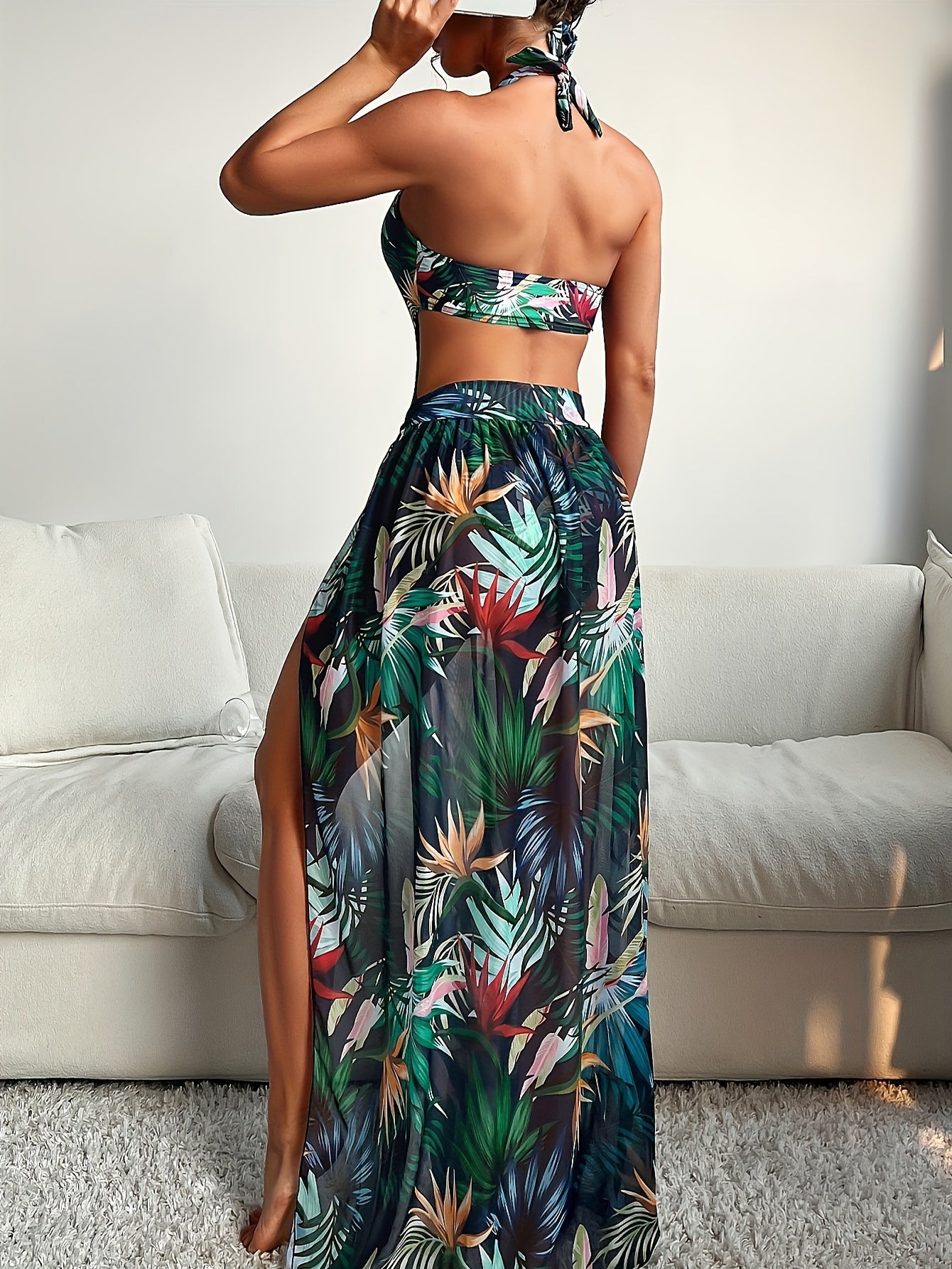 Women's Leaf Print Swimsuit Set with Halter Backless One-Piece and Cover-Up Skirt
