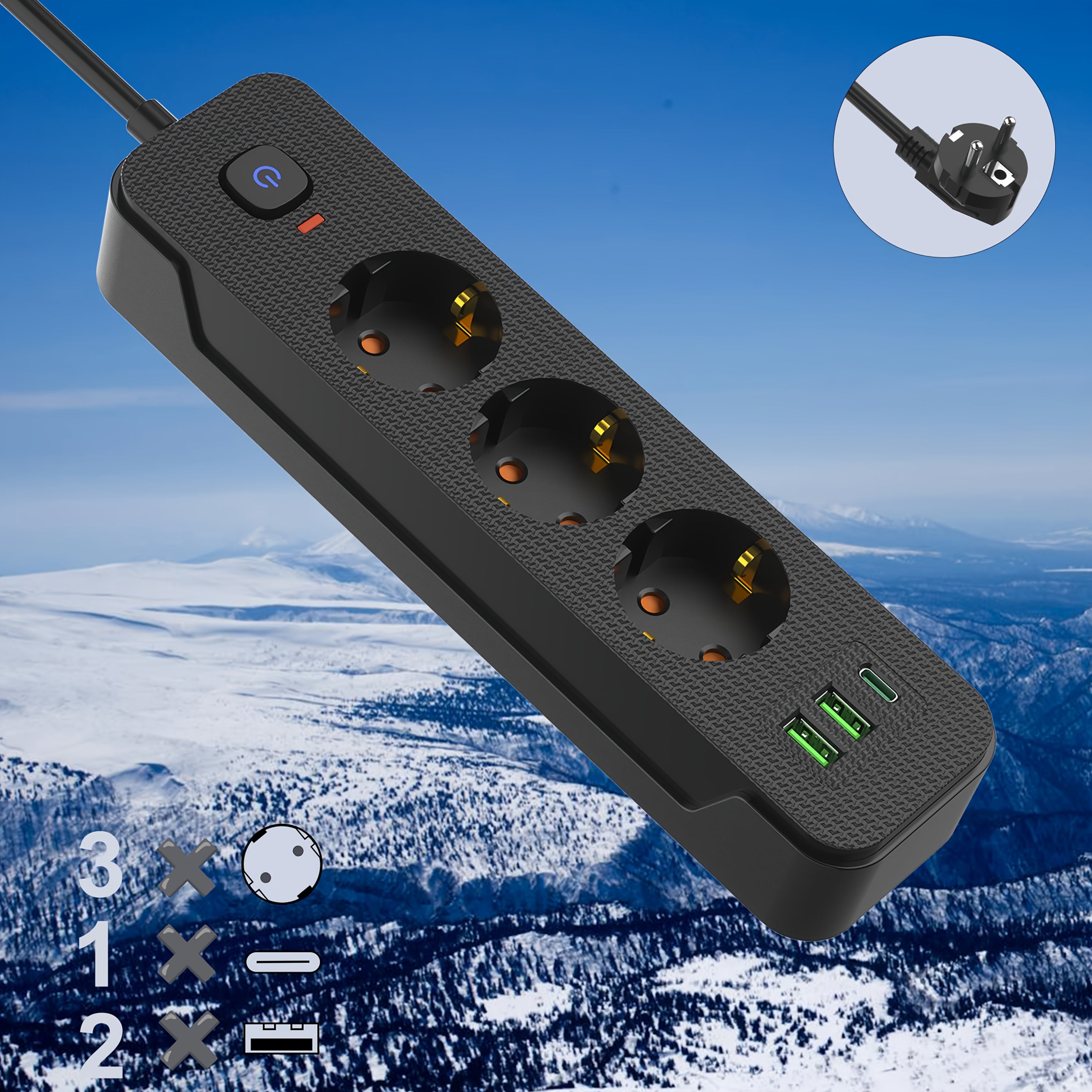 Europe Power Strip with 3/4/5 Sockets, 2m Extension Cord, Main Switch for Home Office Kitchen Garage Outdoors