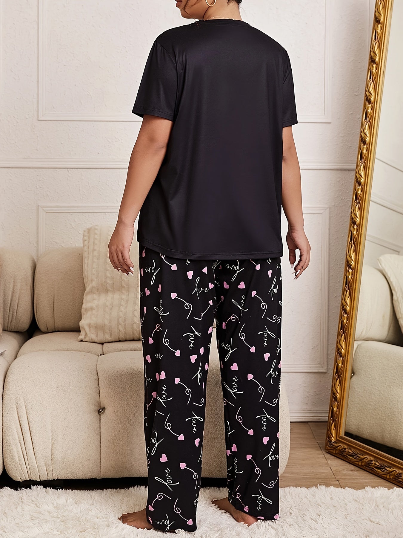 Plus Size Womens Pajama Set Colorful Heart Print Long Sleeve Top and Pants