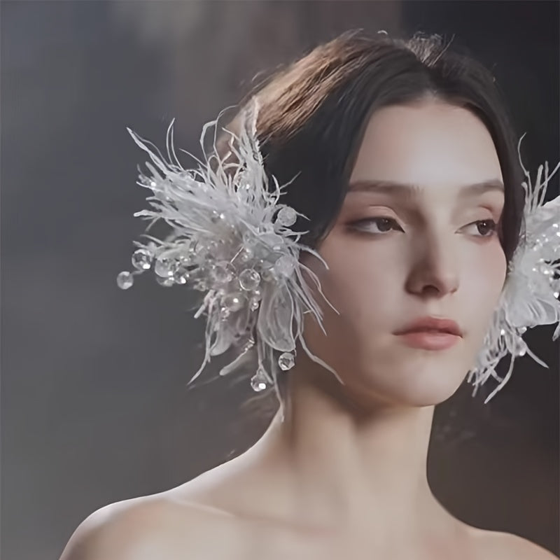 White Lace Flower Hairpin with Feather Edge for Bridal Wedding Accessories