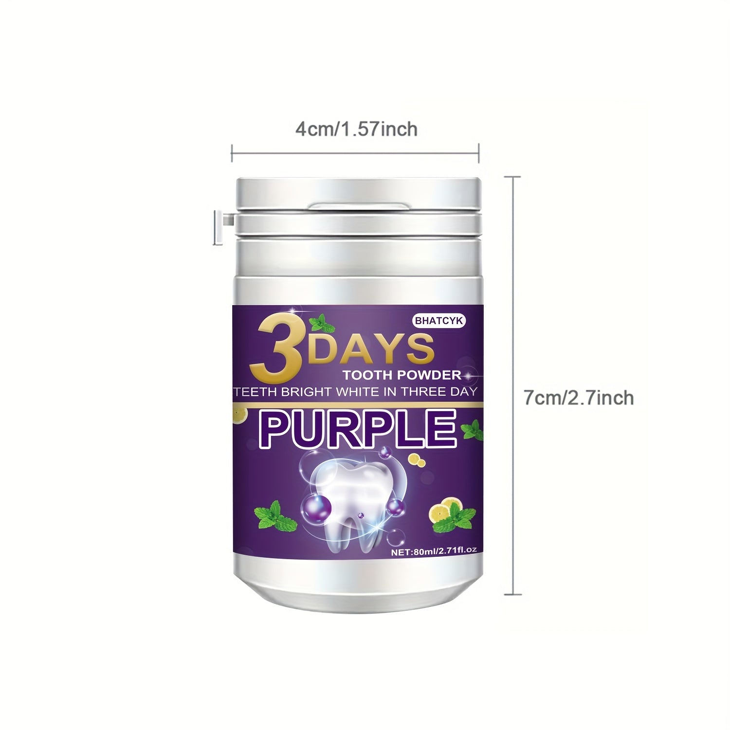 Purple Teeth Whitening Powder 80ml with Fresh Mint Flavor for Daily Use and Travel