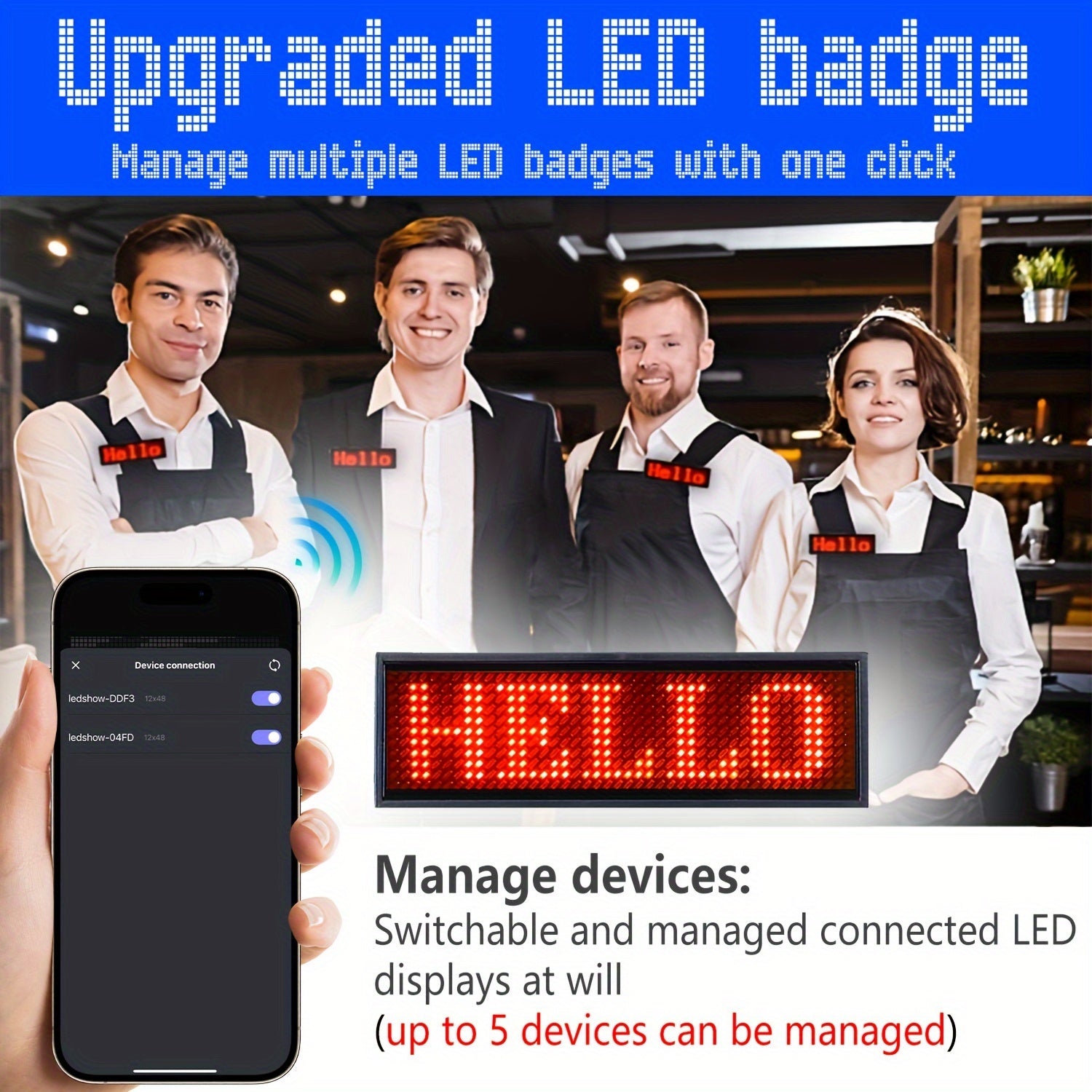 Rechargeable Wireless LED Badge 48x12 Pixel Matrix Display App-Controlled Customizable for Events Nightclubs Hotels