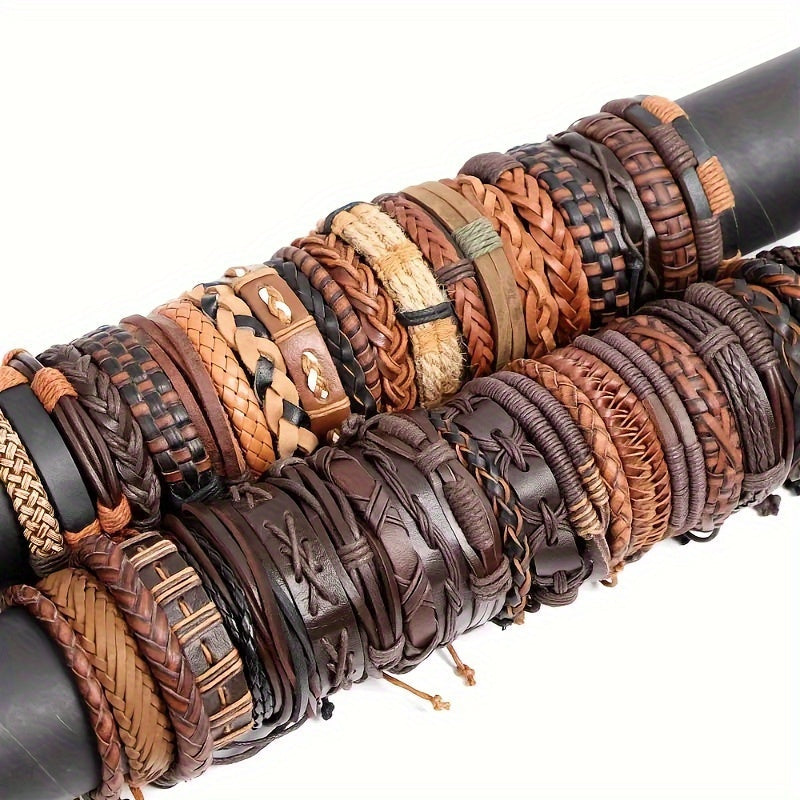 Set of 10 20 or 30 Faux Leather Bracelets for Men Women Adjustable Black Brown Gift
