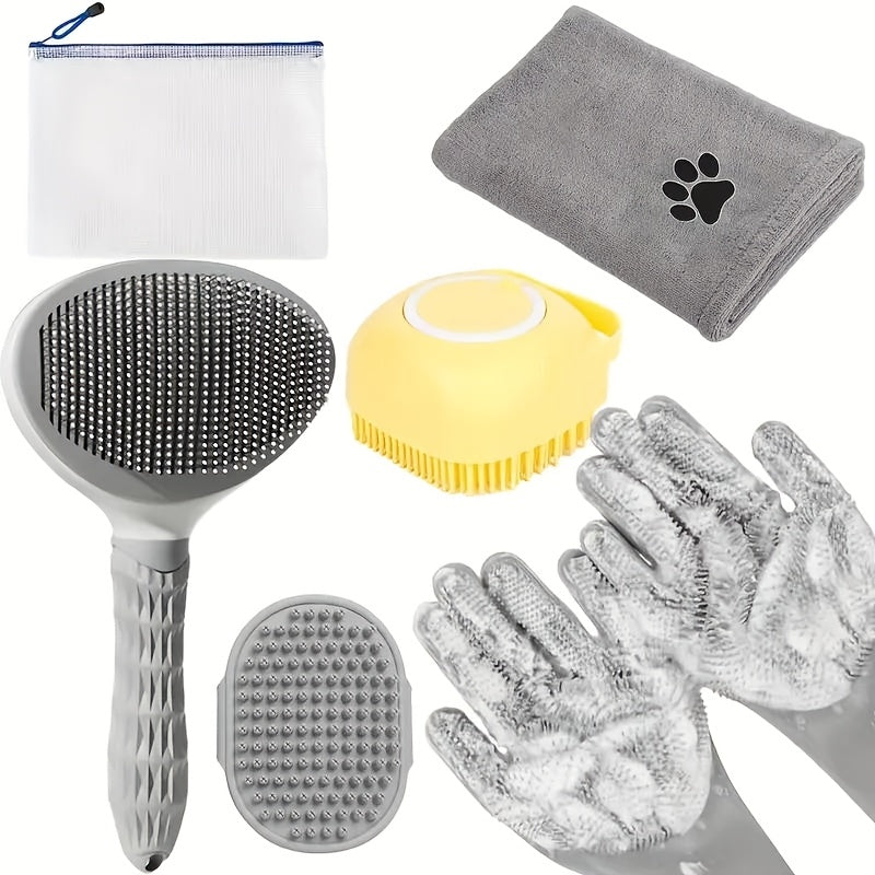 Dog Grooming Kit 6-Piece Silicone Bath Brush Microfiber Towel Shedding Tool for Pets