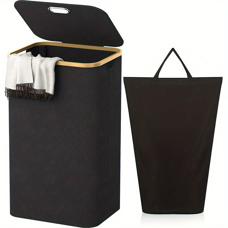100L Tall Laundry Basket with Lid Bamboo Handles Waterproof Collapsible Storage Bin Cream White