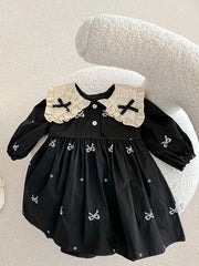 Girls Floral Print Black Cotton Dress with Butterfly Bow and Ruffled Collar for Spring Outdoor Activities