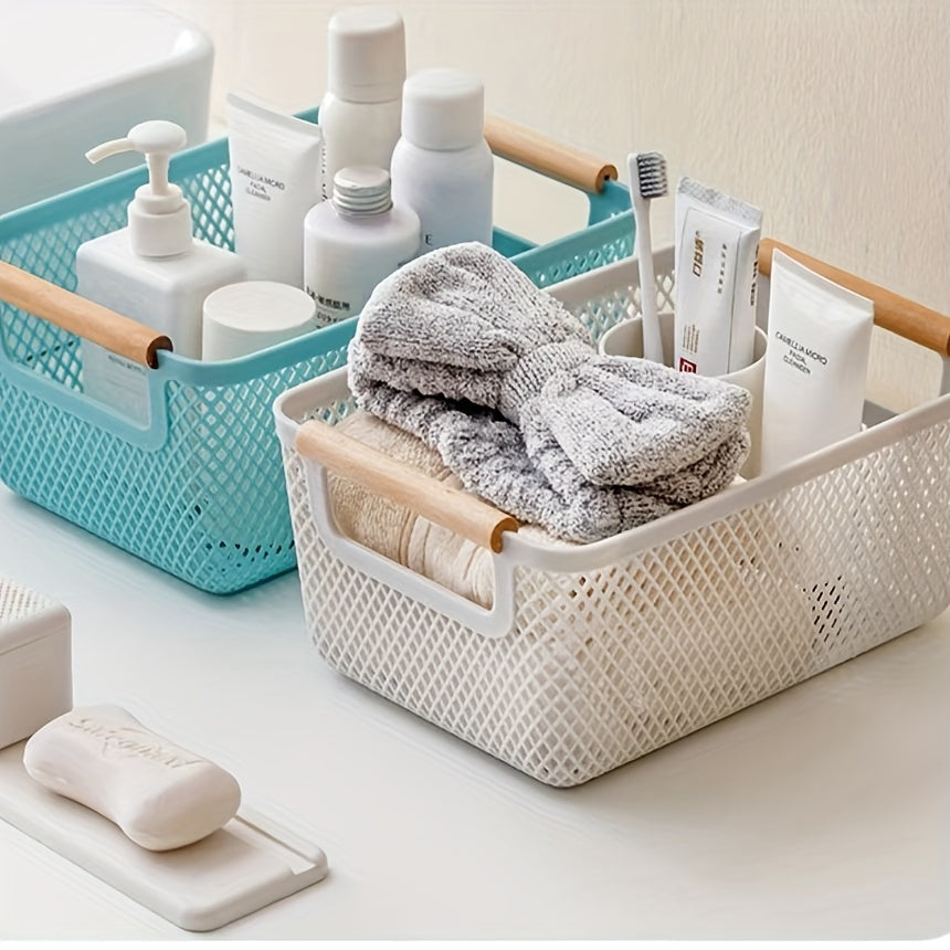 Rectangular Storage Basket with Wooden Handles, Multi-Compartment, Versatile Use for Bathroom Kitchen Bedroom Office Outdoors