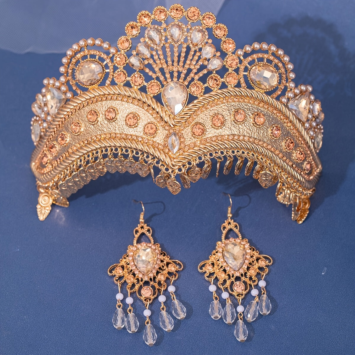 Nikoh tiarasi va sirg'alar to'plami Barok uslubi Rhinestone Zink alloy to'y aksessuarlari