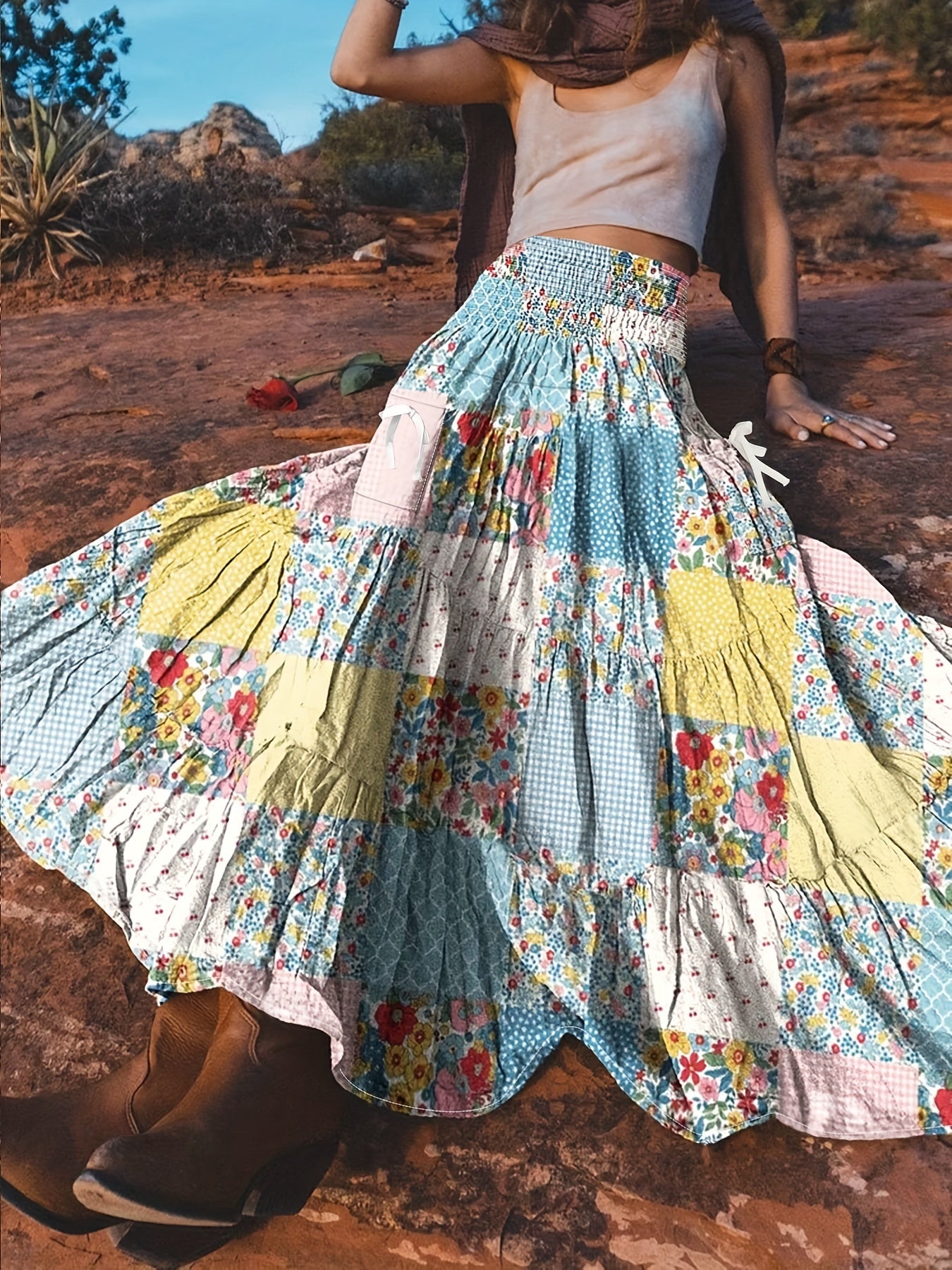 Women's Floral Polyester Straight Skirt with Shirred Waist and Pockets