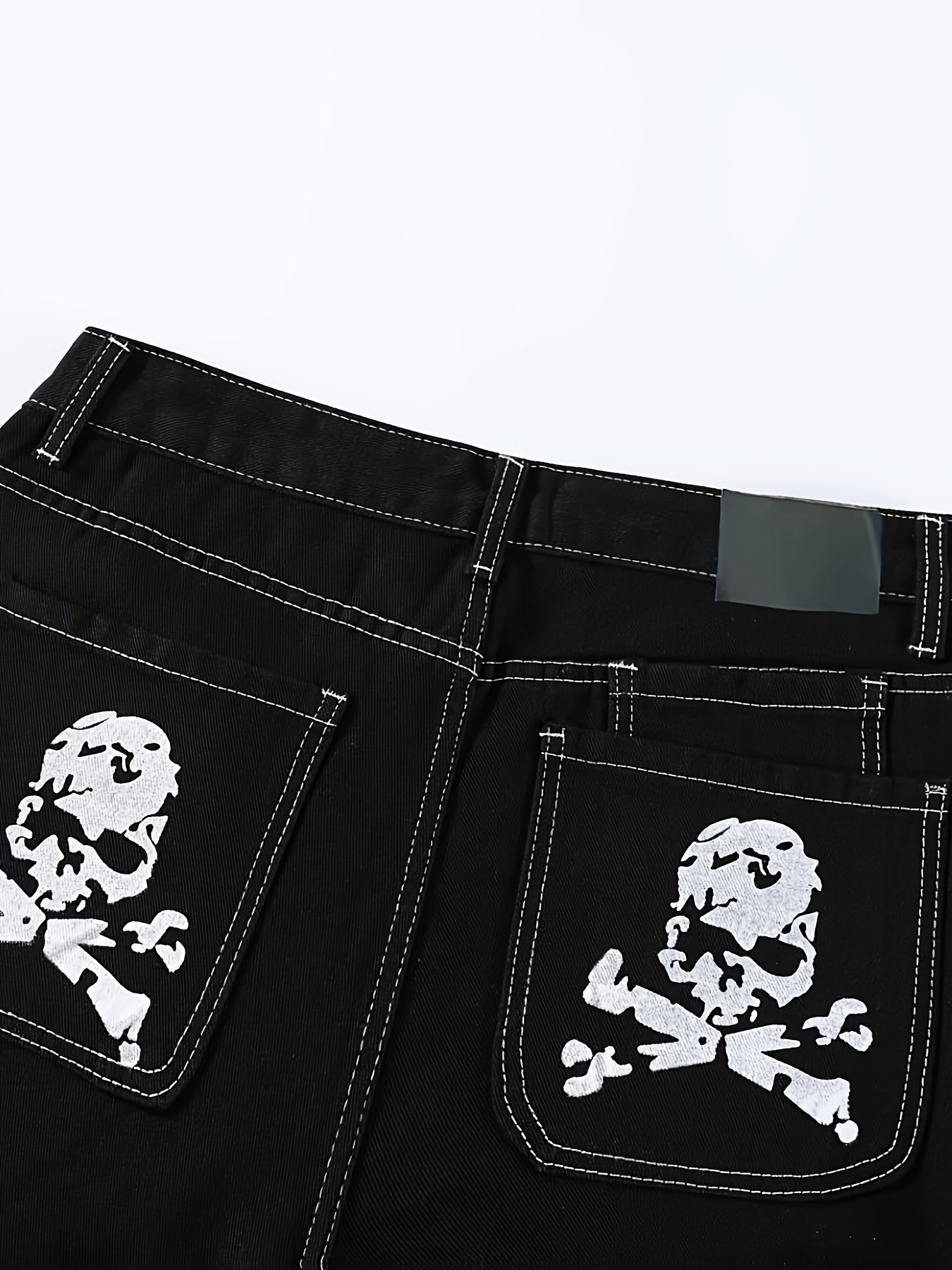 Men's Y2K Style Skull Print Wide Leg Jeans with Flap Pockets Streetwear Denim Plus Size